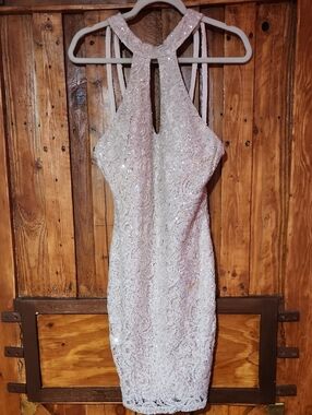 Sequin Hearts Ivory Sequin Halter Mini Dress